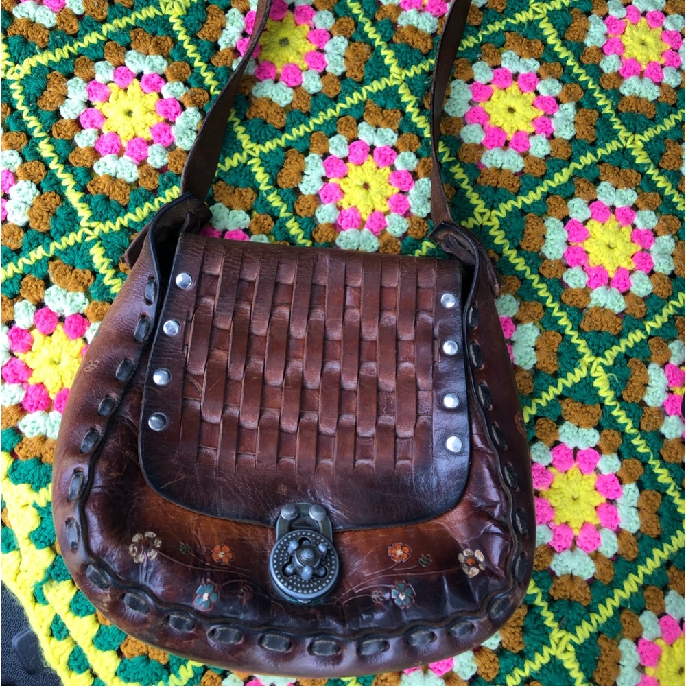 RARE vintage stamped Mexico basket weave tooled leather shoulder hobo rare gem! - Picture 1 of 17
